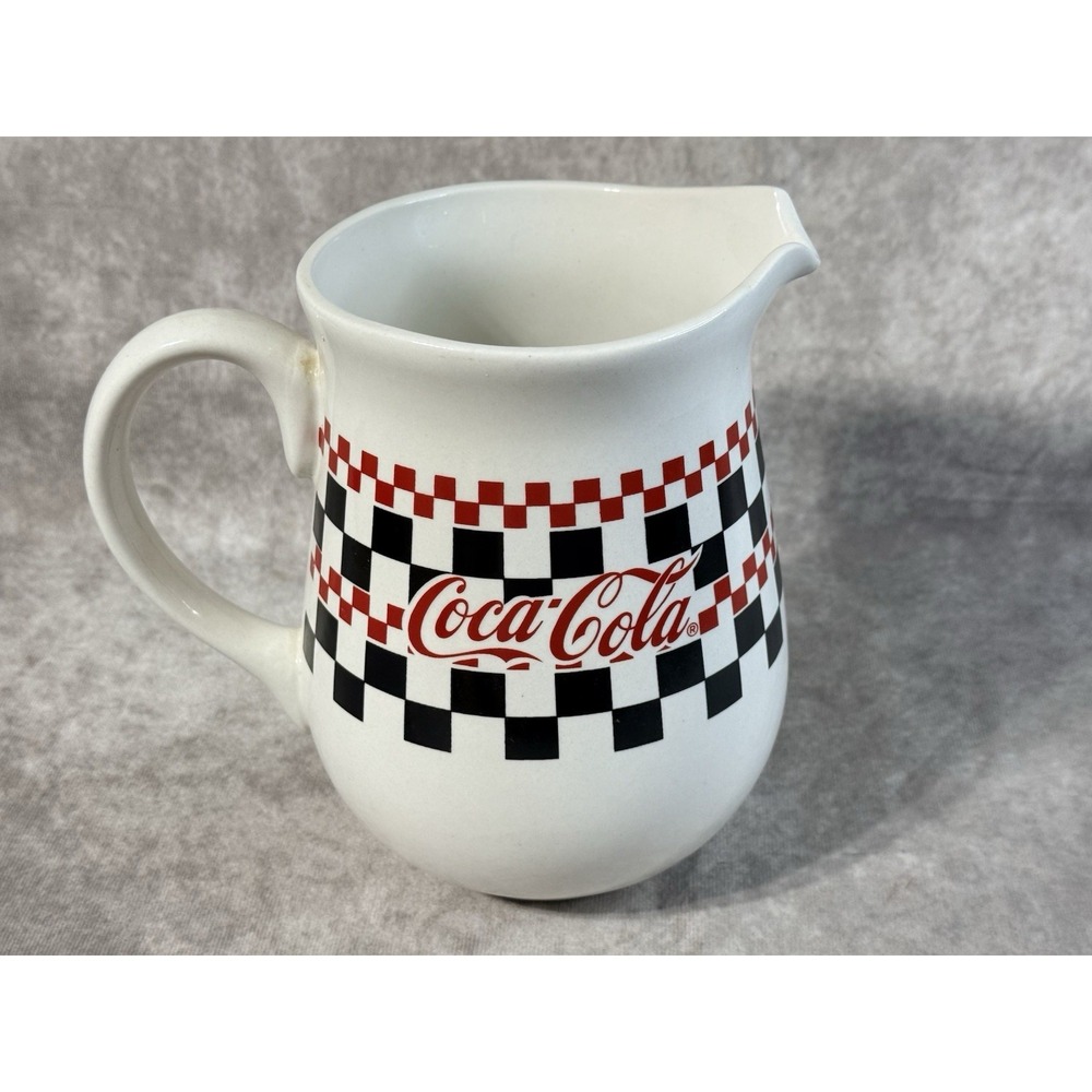 Vintage Coca-Cola Ceramic Pitcher 1997 Gibson White‎ Red & Black Checkers